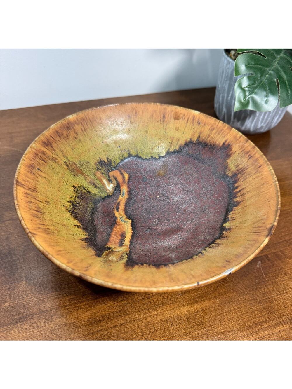 Studio Art Pottery Glazed Serving Bowl Aurora 8" Beige Brown Pedestal
